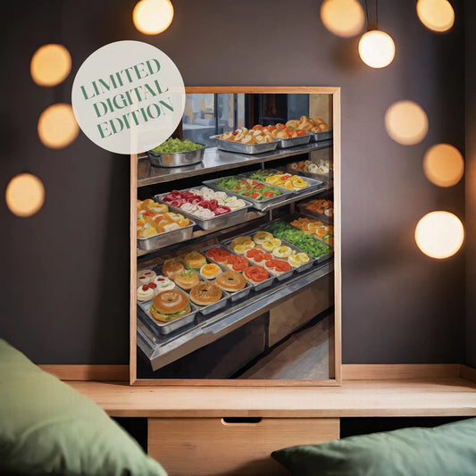 Bakery display with bagels, pastries, salads and sandwiches on trays, cozy café food illustration printable wall art digital download