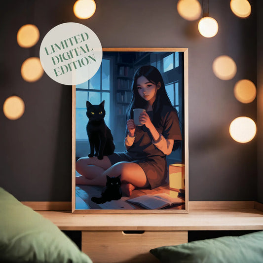 Cozy digital painting of a girl with long dark hair sitting with two black cats and a warm drink in a softly lit room - perfect printable wall art for cat lovers and serene interior spaces