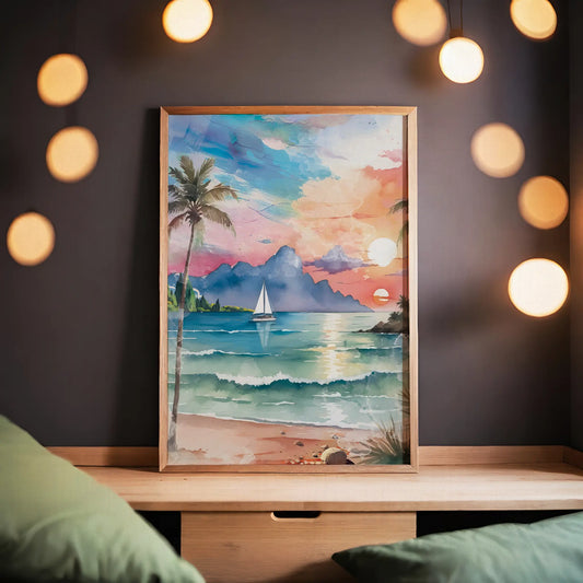 Watercolor-style printable wall art of a tropical beach sunset with palm trees, ocean waves, a sailboat, and mountains in the distance under a colorful sky