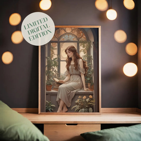 Romantic digital wall art of a young woman in a flowing dress reading a book by a vintage arched window, surrounded by lush potted plants and soft golden light