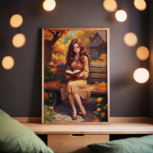 Digital wall art of a woman in a floral dress reading a book on a park bench, surrounded by autumn leaves and flowers in warm orange and yellow tones