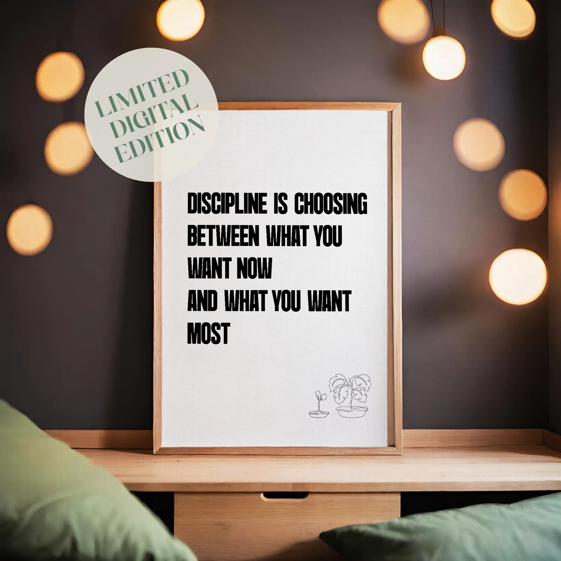Motivational printable wall art featuring the quote 'Discipline is choosing between what you want now and what you want most' in bold black uppercase text, with minimalist line art of two potted plants on a white background - perfect for productivity, gym, or goal-setting decor.