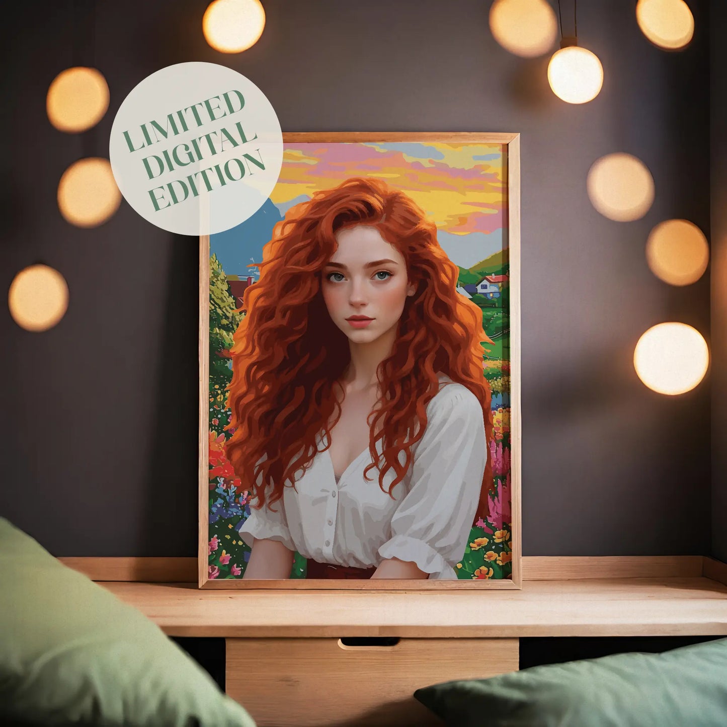 Vibrant digital portrait of a red-haired woman with soft curls, set against a colorful countryside landscape at sunset - modern feminine printable wall art