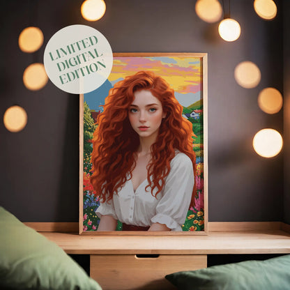 Vibrant digital portrait of a red-haired woman with soft curls, set against a colorful countryside landscape at sunset - modern feminine printable wall art