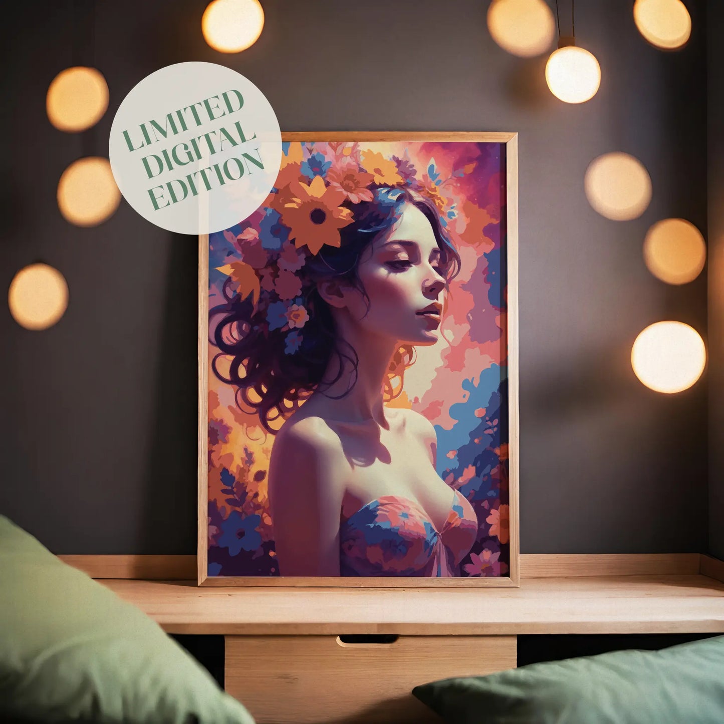 Whimsical digital portrait of a serene woman with flowing hair adorned in vibrant flowers, set against a dreamy, colorful background, enchanting printable wall art for bohemian and artistic interiors.