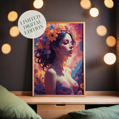 Whimsical digital portrait of a serene woman with flowing hair adorned in vibrant flowers, set against a dreamy, colorful background, enchanting printable wall art for bohemian and artistic interiors.