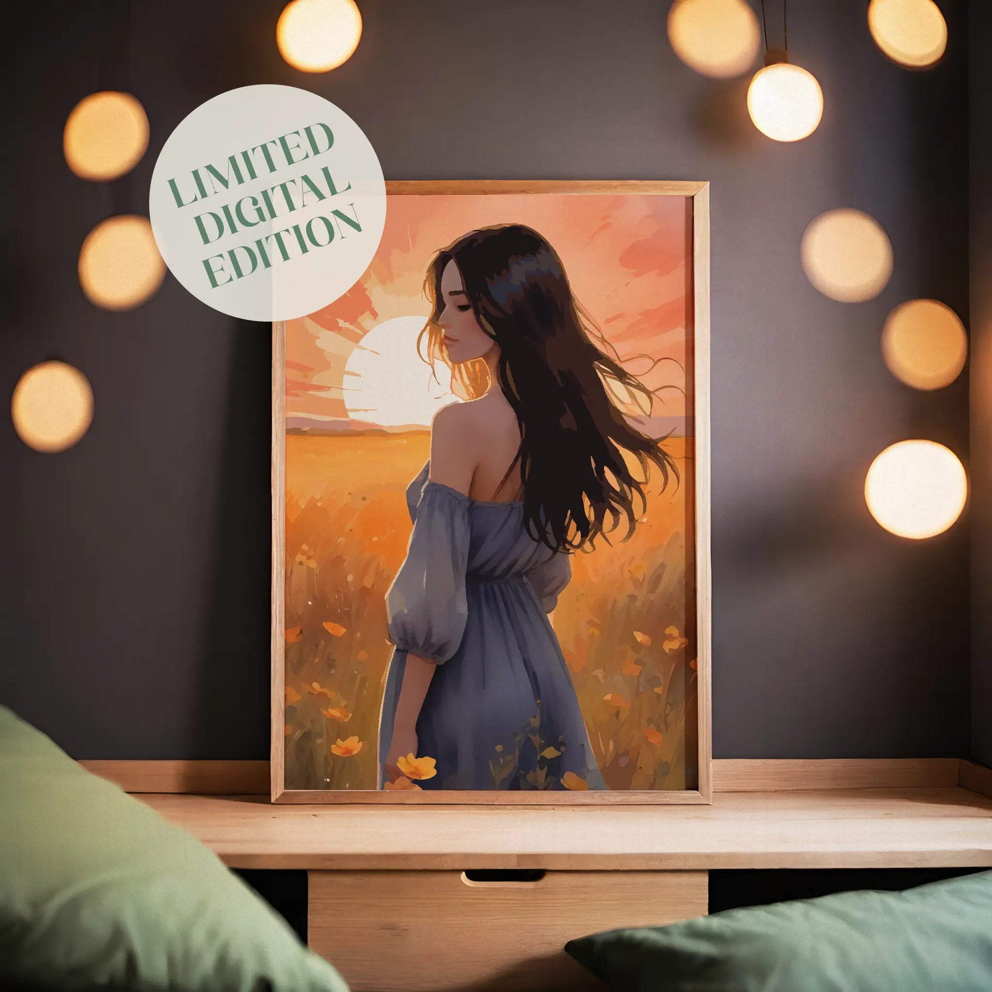 Romantic digital illustration of a woman in a flowing dress standing in a golden field of wildflowers at sunset, with the sun glowing warmly in the background - ideal for printable wall art