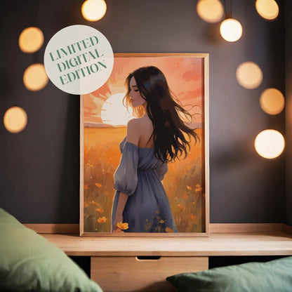 Romantic digital illustration of a woman in a flowing dress standing in a golden field of wildflowers at sunset, with the sun glowing warmly in the background - ideal for printable wall art