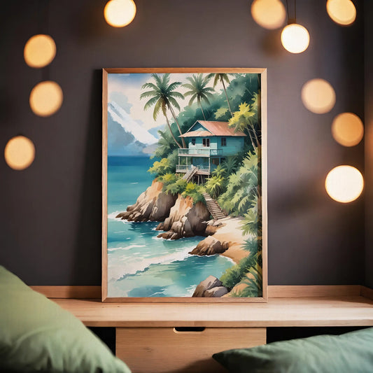 Tropical beach wall art of a wooden house on a cliff surrounded by palm trees, overlooking turquoise ocean waves with mountains in the background