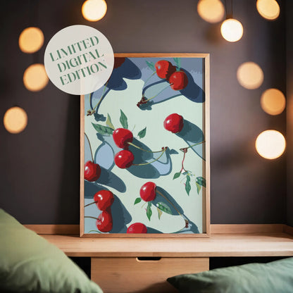 Vibrant printable wall art of glossy red cherries with green leaves casting dramatic shadows on a pale background, bold, modern kitchen or dining room decor