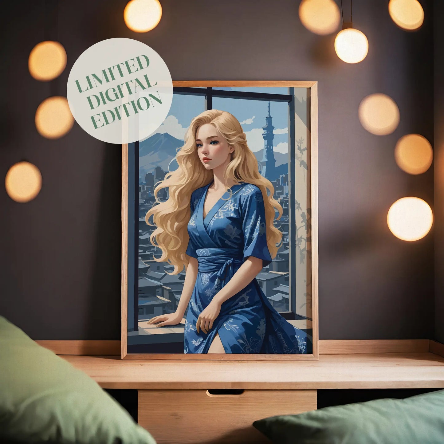 Elegant illustration of a blonde woman in a flowing blue kimono-style dress standing by a large window overlooking a city skyline. Soft sunlight highlights her wavy hair as distant mountains and a tall tower rise in the background, creating a calm and sophisticated atmosphere.