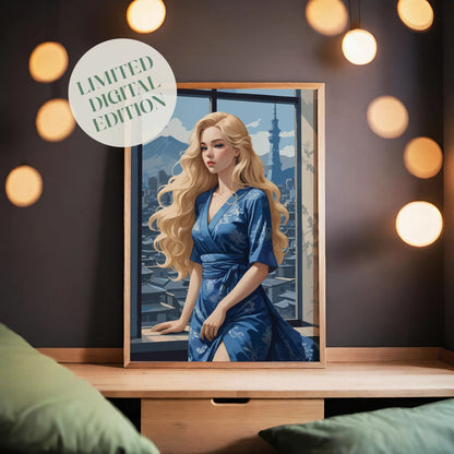 Elegant illustration of a blonde woman in a flowing blue kimono-style dress standing by a large window overlooking a city skyline. Soft sunlight highlights her wavy hair as distant mountains and a tall tower rise in the background, creating a calm and sophisticated atmosphere.