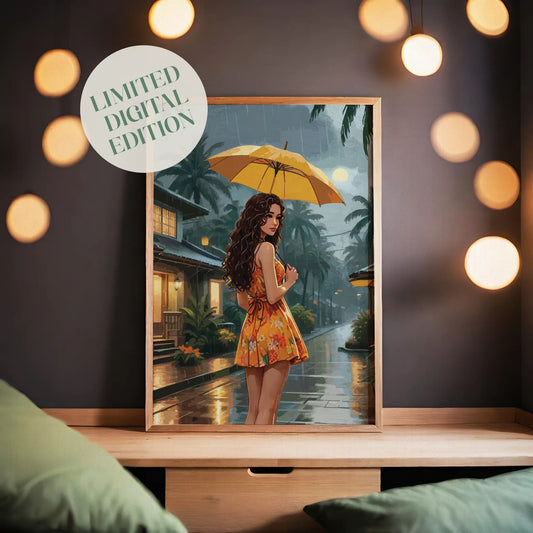 Romantic digital painting of a woman in a floral dress holding a yellow umbrella on a rainy tropical evening, atmospheric printable wall art for cozy and stylish home decor
