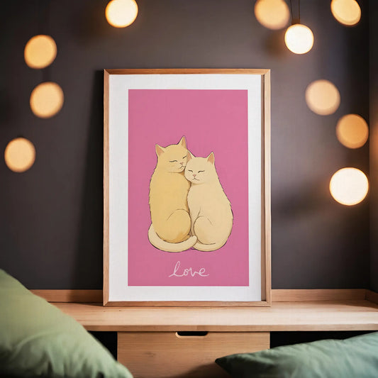 Printable wall art of two cute cats cuddling on a pink background with the word ‘love,’ perfect for cat lovers and romantic home decor