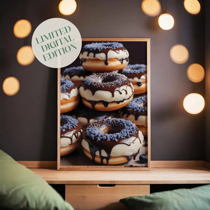Printable wall art of a stack of donuts topped with rich chocolate glaze, white icing, and blue sprinkles, captured in a mouthwatering, hyper-realistic style, perfect for kitchen or bakery-themed decor