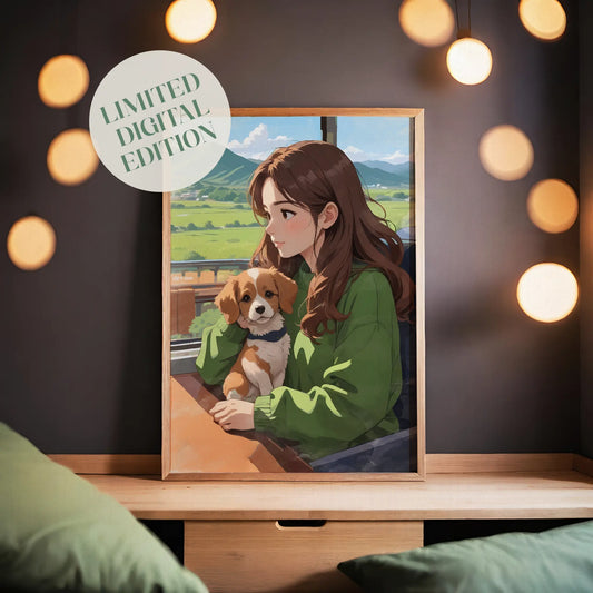 Cozy printable wall art featuring a girl with long brown hair in a green sweater, sitting by the window with a cute puppy, enjoying a peaceful countryside view with mountains and blue skies - perfect for dog lovers and nature-inspired home decor. 