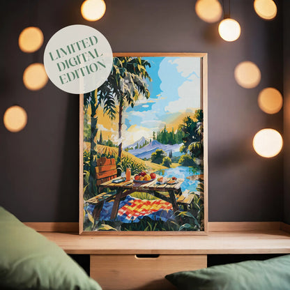 Vibrant picnic-themed printable wall art depicting a rustic wooden table set with fruit, juice, and pastries beside a lake, surrounded by palm trees, mountains, and a colorful sky - perfect for summer decor, kitchen walls, or outdoor-inspired spaces