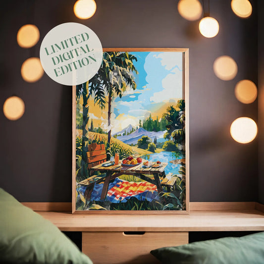 Vibrant picnic-themed printable wall art depicting a rustic wooden table set with fruit, juice, and pastries beside a lake, surrounded by palm trees, mountains, and a colorful sky - perfect for summer decor, kitchen walls, or outdoor-inspired spaces