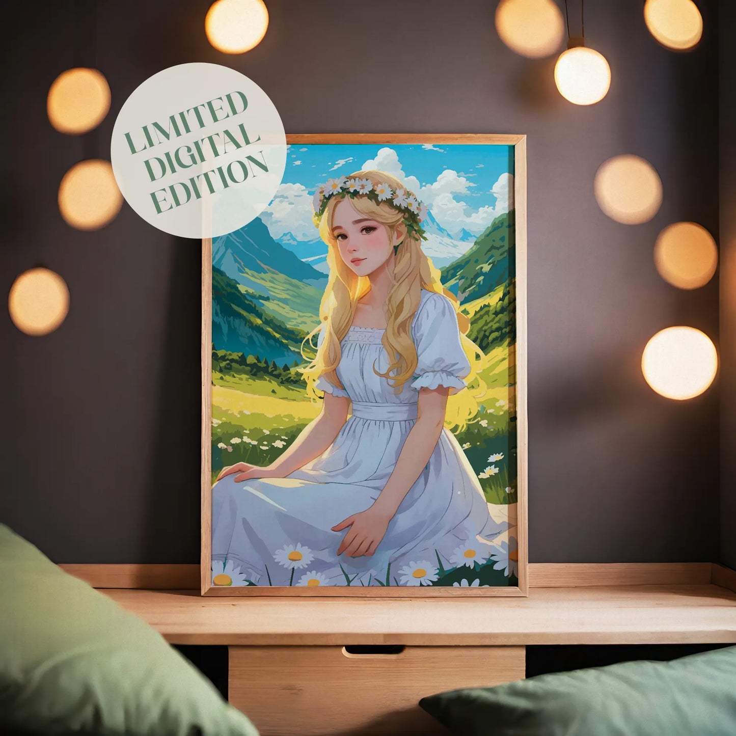 Enchanting digital artwork of a blonde girl in a white dress with a daisy flower crown, seated in a sunlit meadow surrounded by green mountains, fairytale-inspired printable wall art for nature and fantasy lovers