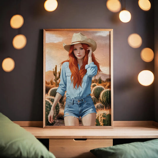 Digital illustration of a red-haired woman in a cowboy hat, denim shirt, and shorts standing confidently in a desert cactus landscape at sunset - modern western-themed printable wall art