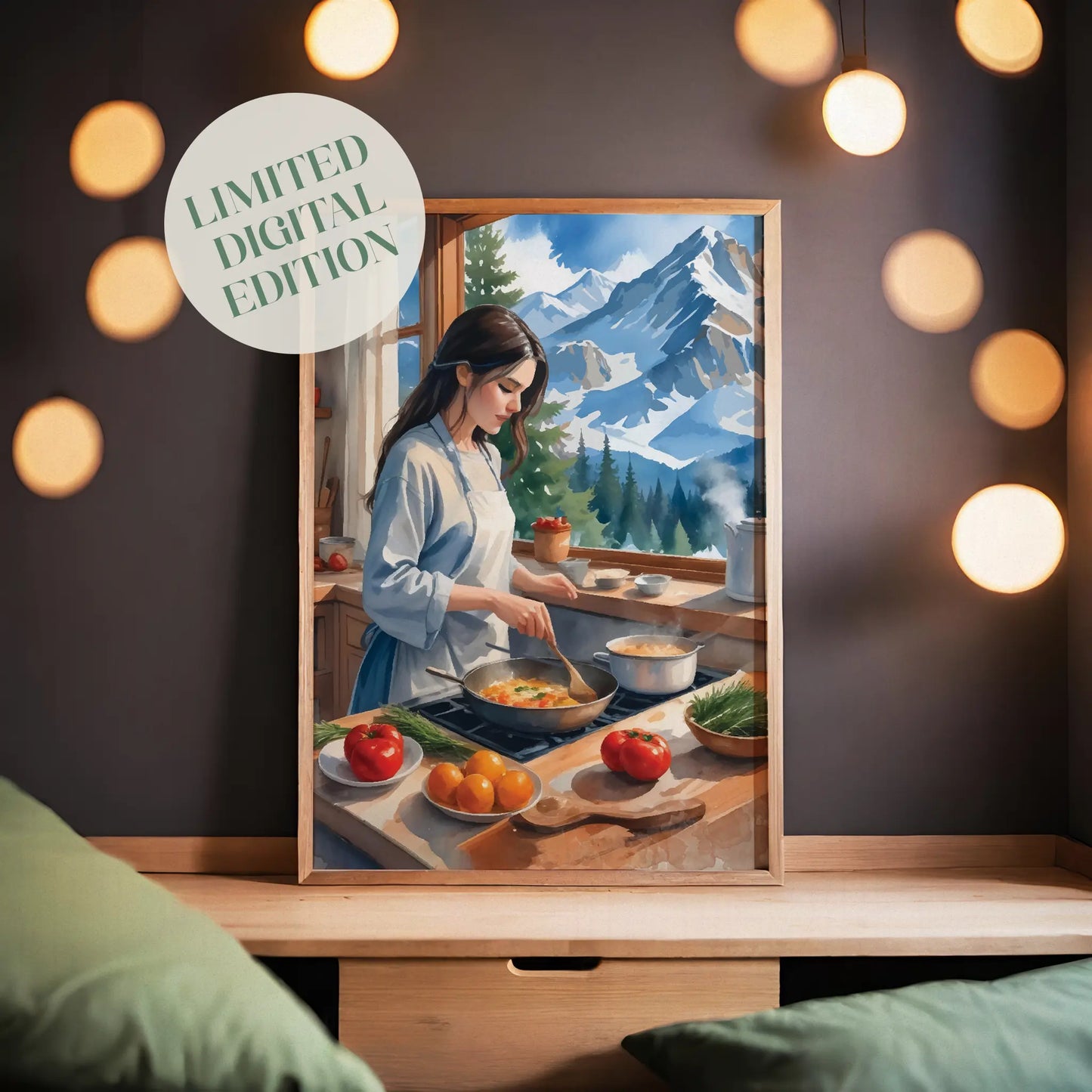 Charming digital painting of a woman cooking in a cozy kitchen with a stunning snowy mountain view - warm, rustic printable wall art ideal for kitchen or cabin decor