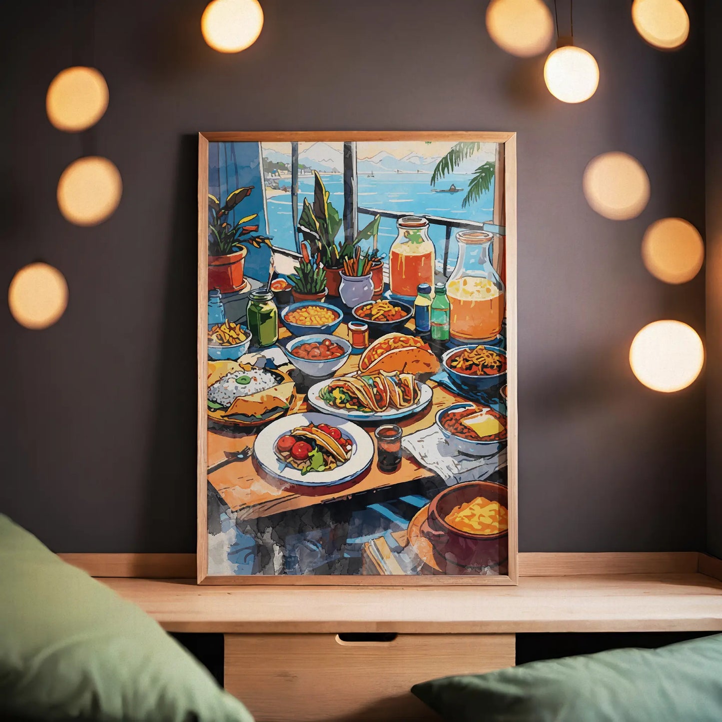 Colorful printable wall art of a festive Mexican dining table filled with tacos, rice, pasta, fresh vegetables, drinks, and juices, set against a scenic seaside view with potted plants and sailboats in the distance.