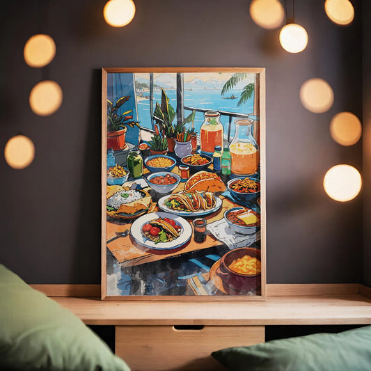 Colorful printable wall art of a festive Mexican dining table filled with tacos, rice, pasta, fresh vegetables, drinks, and juices, set against a scenic seaside view with potted plants and sailboats in the distance.