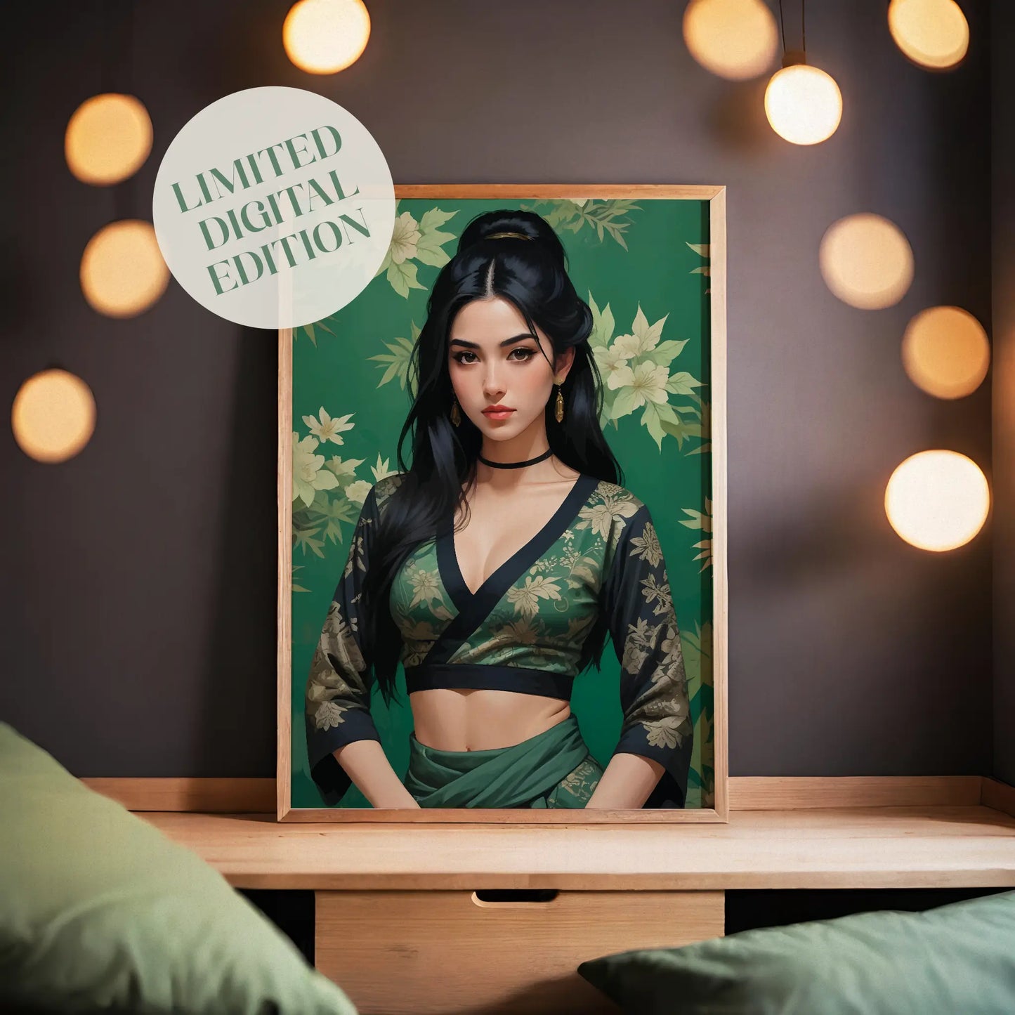 Elegant digital portrait of a woman with long black hair wearing a green floral traditional outfit against a matching botanical background, printable wall art for stylish interiors