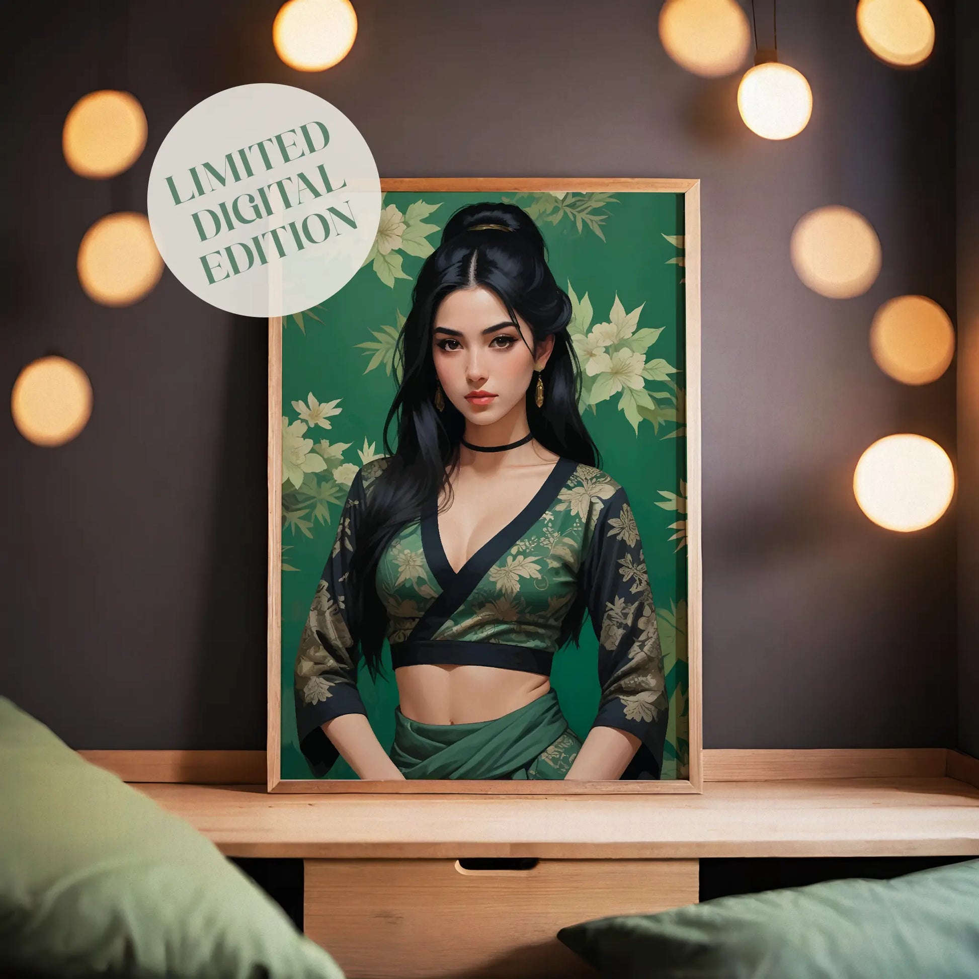 Elegant digital portrait of a woman with long black hair wearing a green floral traditional outfit against a matching botanical background, printable wall art for stylish interiors