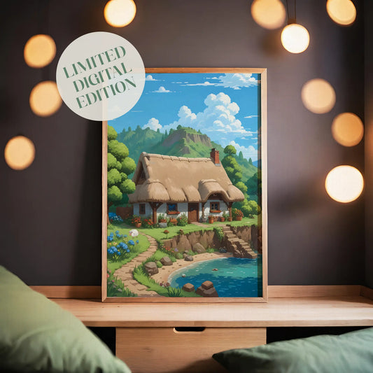 Charming printable wall art featuring a cozy thatched-roof cottage by a clear blue pond, surrounded by blooming flowers, lush greenery, and distant mountain views under a bright sky - perfect for cottagecore, fairytale, or nature-inspired home decor