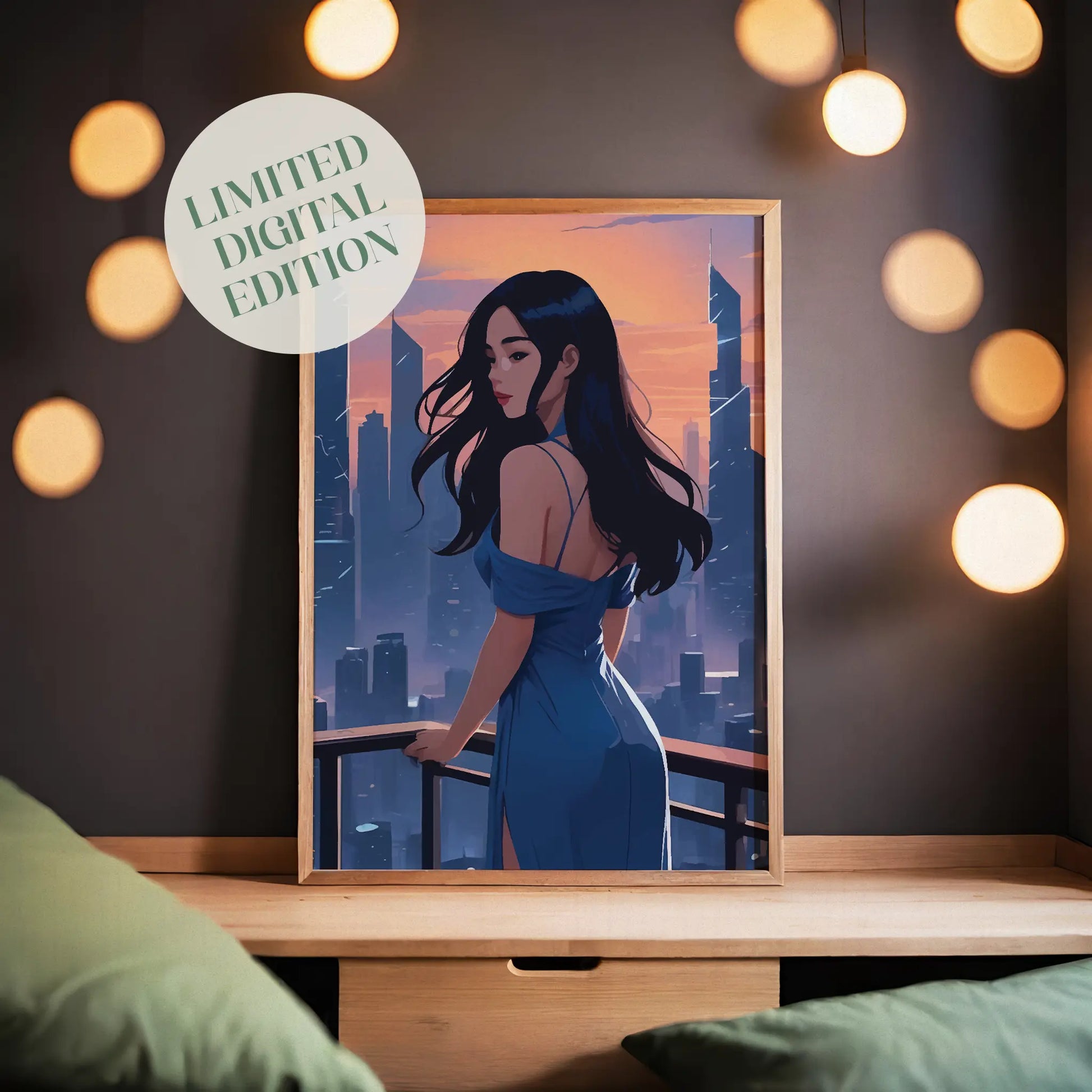 Chic digital artwork of a woman in a flowing blue dress standing on a balcony, overlooking a modern city skyline at sunset, stylish and moody printable wall art