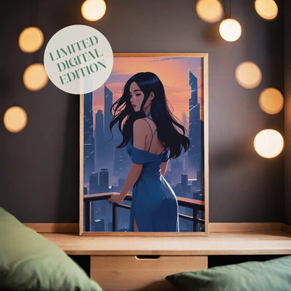 Chic digital artwork of a woman in a flowing blue dress standing on a balcony, overlooking a modern city skyline at sunset, stylish and moody printable wall art