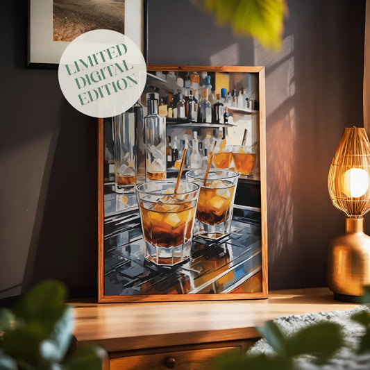 Printable wall art of stylish cocktail glasses filled with whiskey and ice, set on a reflective bar counter with bottles in the background, perfect for modern kitchen, home bar, or lounge decor