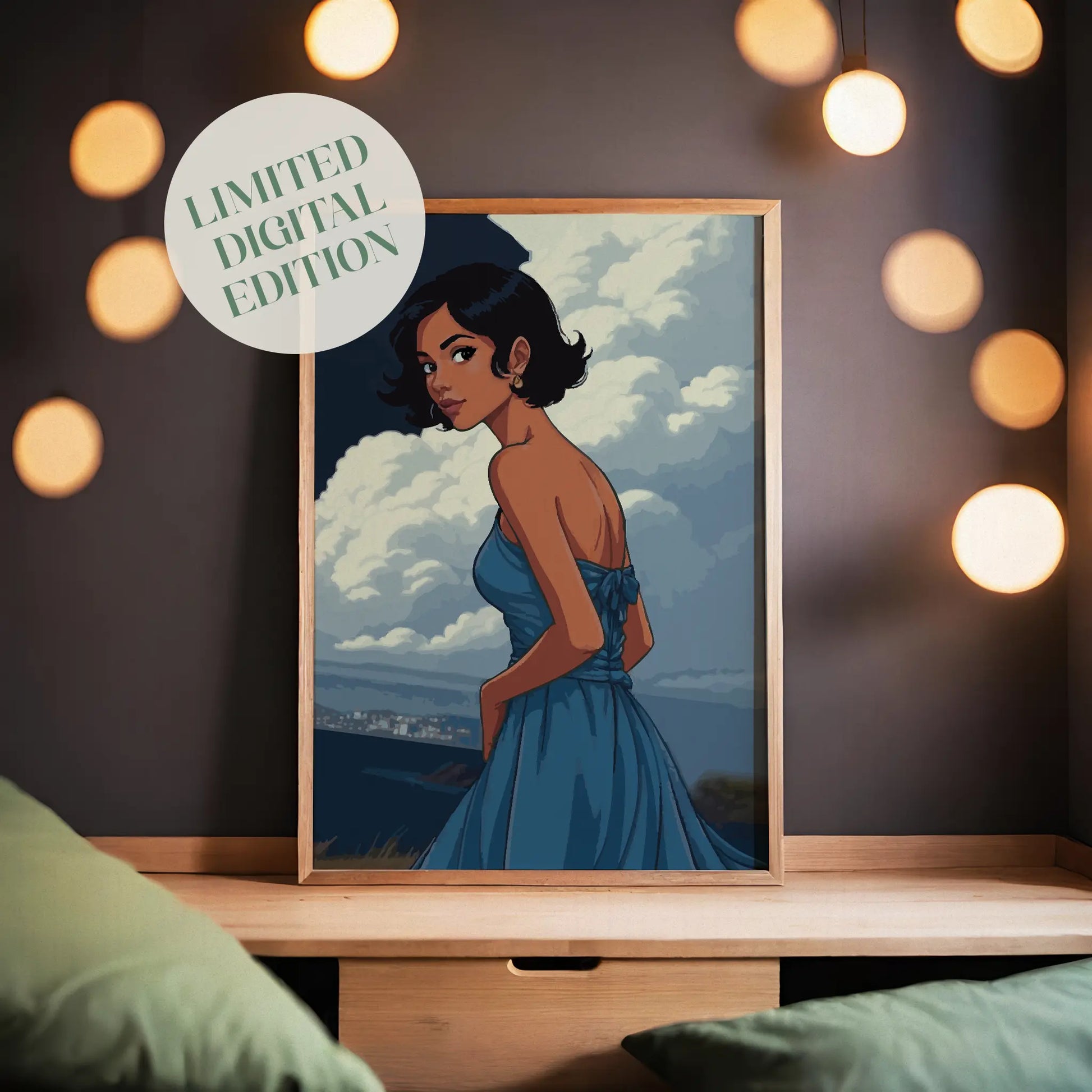 Stylized digital portrait of a confident woman in a flowing blue dress, set against a dramatic cloudy sky and distant coastline, perfect for modern printable wall art