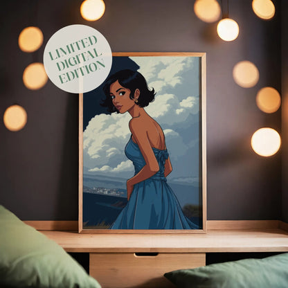 Stylized digital portrait of a confident woman in a flowing blue dress, set against a dramatic cloudy sky and distant coastline, perfect for modern printable wall art
