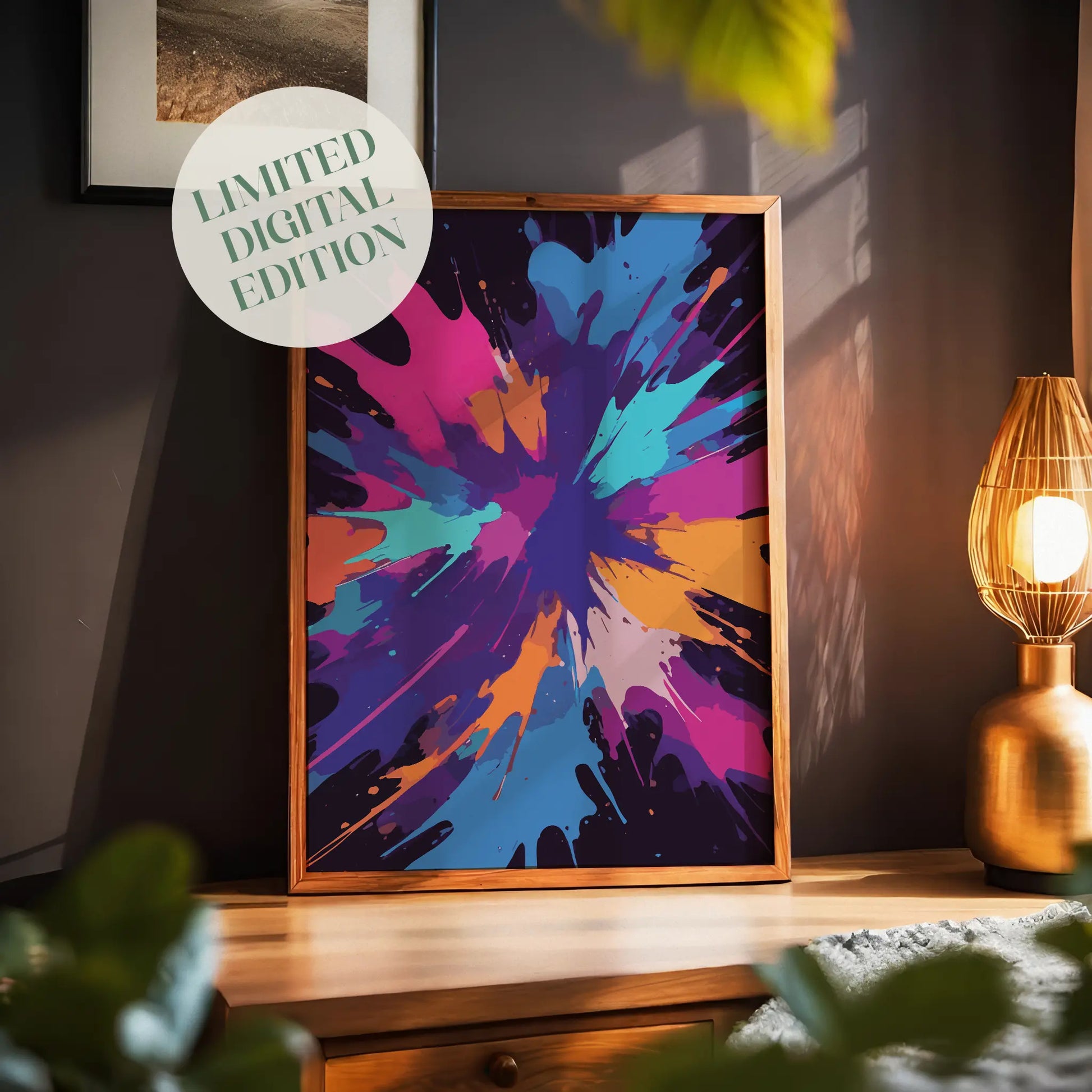 Bold abstract printable wall art featuring a dramatic explosion of colours including deep purples, blues, pinks, oranges, and turquoise on a dark background, perfect for adding energy and creativity to any modern space