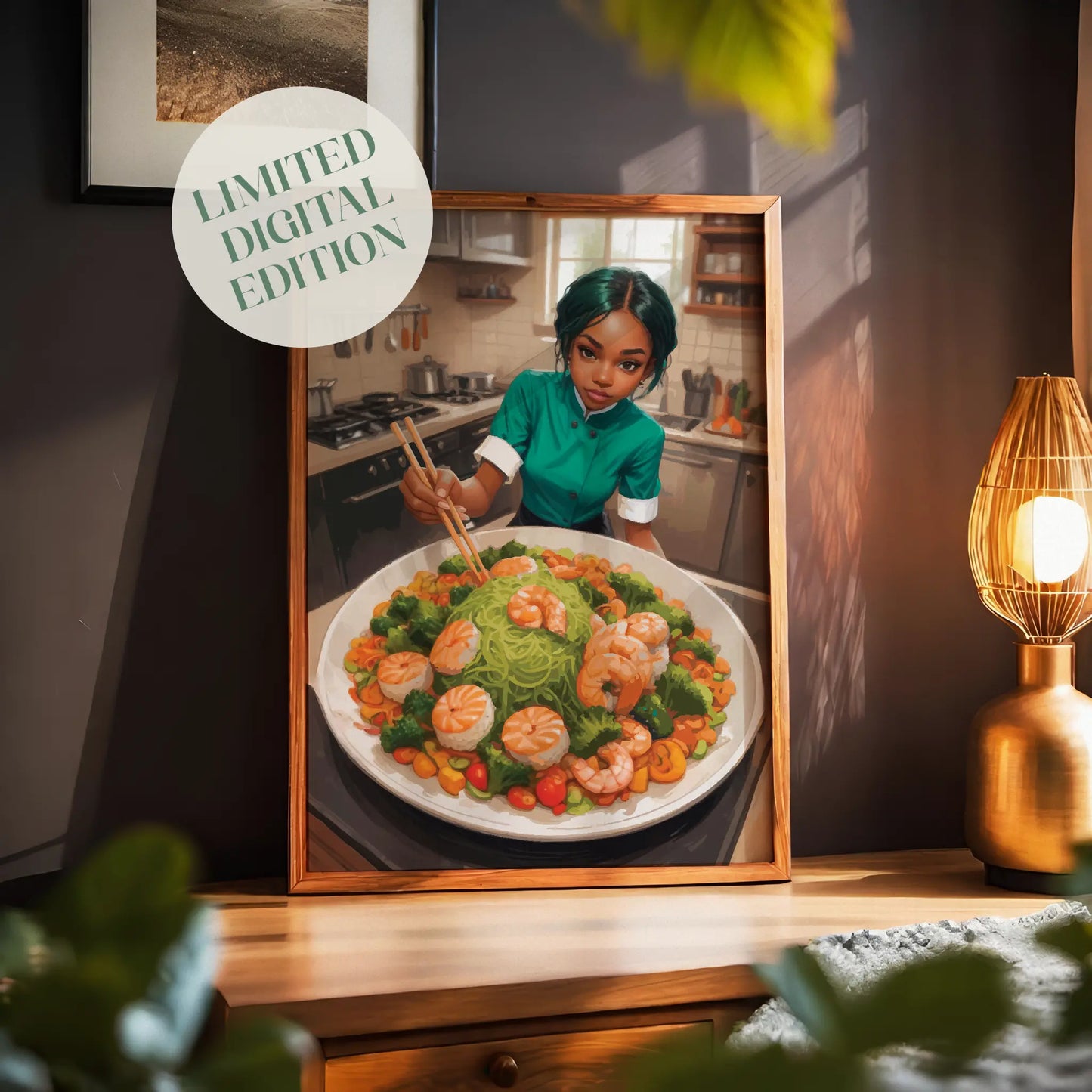Illustrated scene of a young chef in a green uniform preparing a colourful dish in a bright kitchen. She uses chopsticks to arrange a large platter filled with green noodles, shrimp, broccoli, and vibrant vegetables, creating a fresh and artistic food presentation.