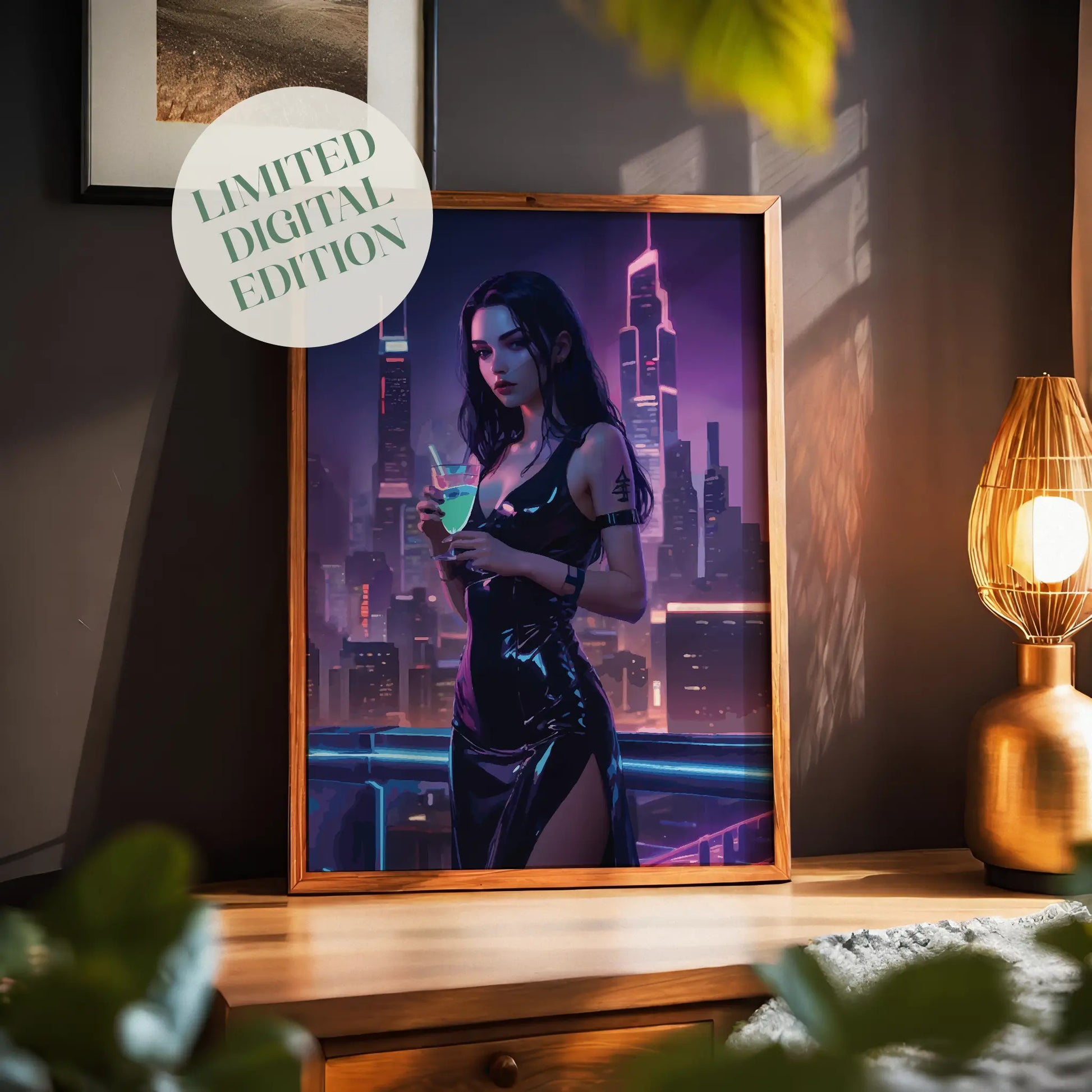Cyberpunk-style digital art print of a futuristic woman in a black latex dress holding a neon drink, set against a glowing high-rise cityscape at night - perfect wall decor for gamers and sci-fi enthusiasts