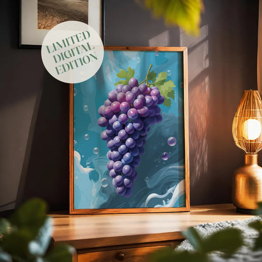 Printable wall art featuring a vibrant bunch of purple grapes with green leaves against a refreshing blue water-inspired background with bubbles, perfect for kitchen, dining room, or wine-themed decor.