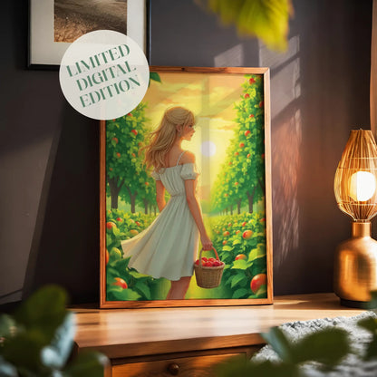 Whimsical digital illustration of a blonde woman in a white dress walking through a sunlit orchard with a basket of apples, romantic countryside-themed printable wall art