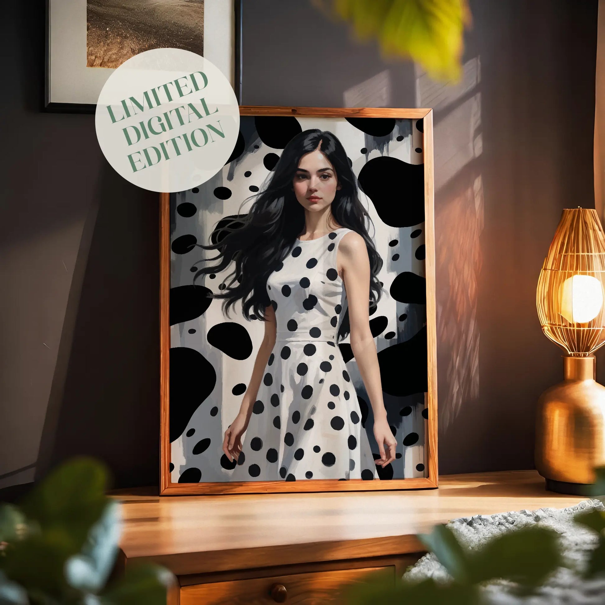 Stylized digital illustration of a confident woman in a white dress with bold black polka dots, set against a matching abstract background - modern printable wall art perfect for fashion-forward interior decor
