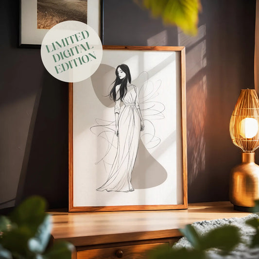 Elegant black and white line art of a woman in a flowing gown with abstract background, minimalist fashion illustration perfect for modern bedrooms, walk-in closets, or chic home decor.