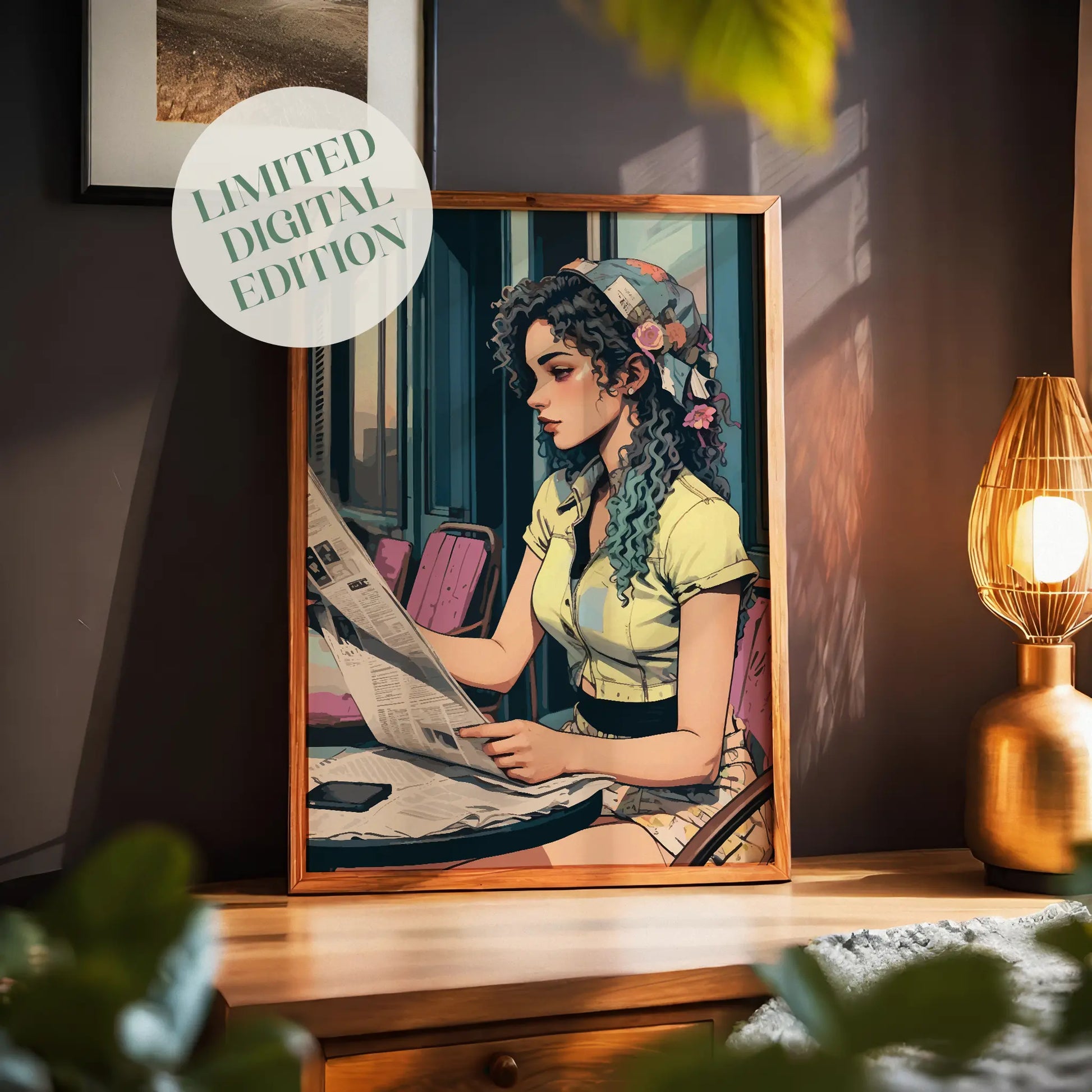 Printable wall art of a stylish young woman with curly hair and a floral headscarf, sitting at an outdoor café table reading a newspaper, in a vintage-inspired, artistic style, perfect for chic and modern home decor