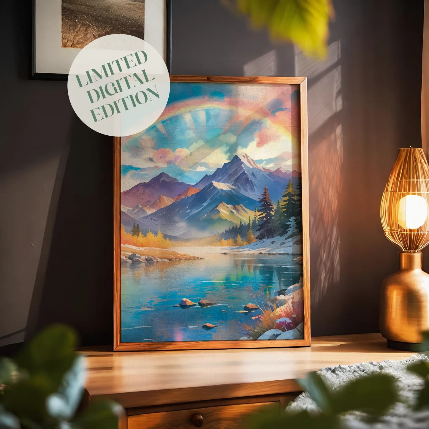 Majestic mountain landscape featuring snow-capped peaks under a radiant pastel sky with a glowing rainbow arching overhead. A calm turquoise lake reflects the colours of the sky and surrounding pine trees, creating a dreamy and uplifting nature scene filled with light and serenity.
