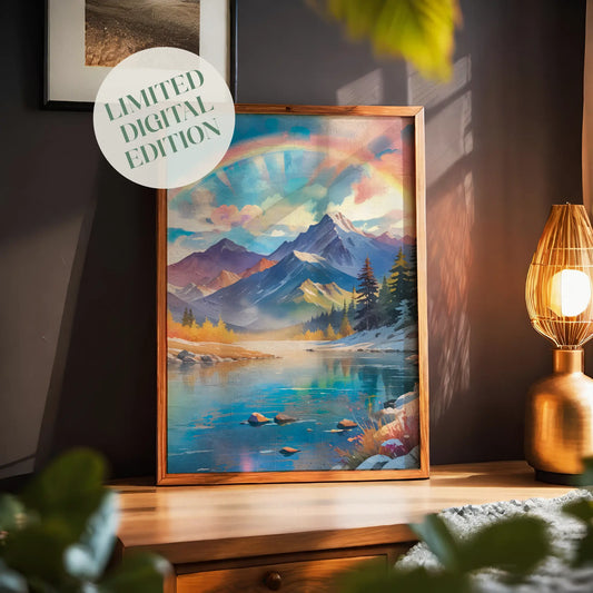 Majestic mountain landscape featuring snow-capped peaks under a radiant pastel sky with a glowing rainbow arching overhead. A calm turquoise lake reflects the colours of the sky and surrounding pine trees, creating a dreamy and uplifting nature scene filled with light and serenity.