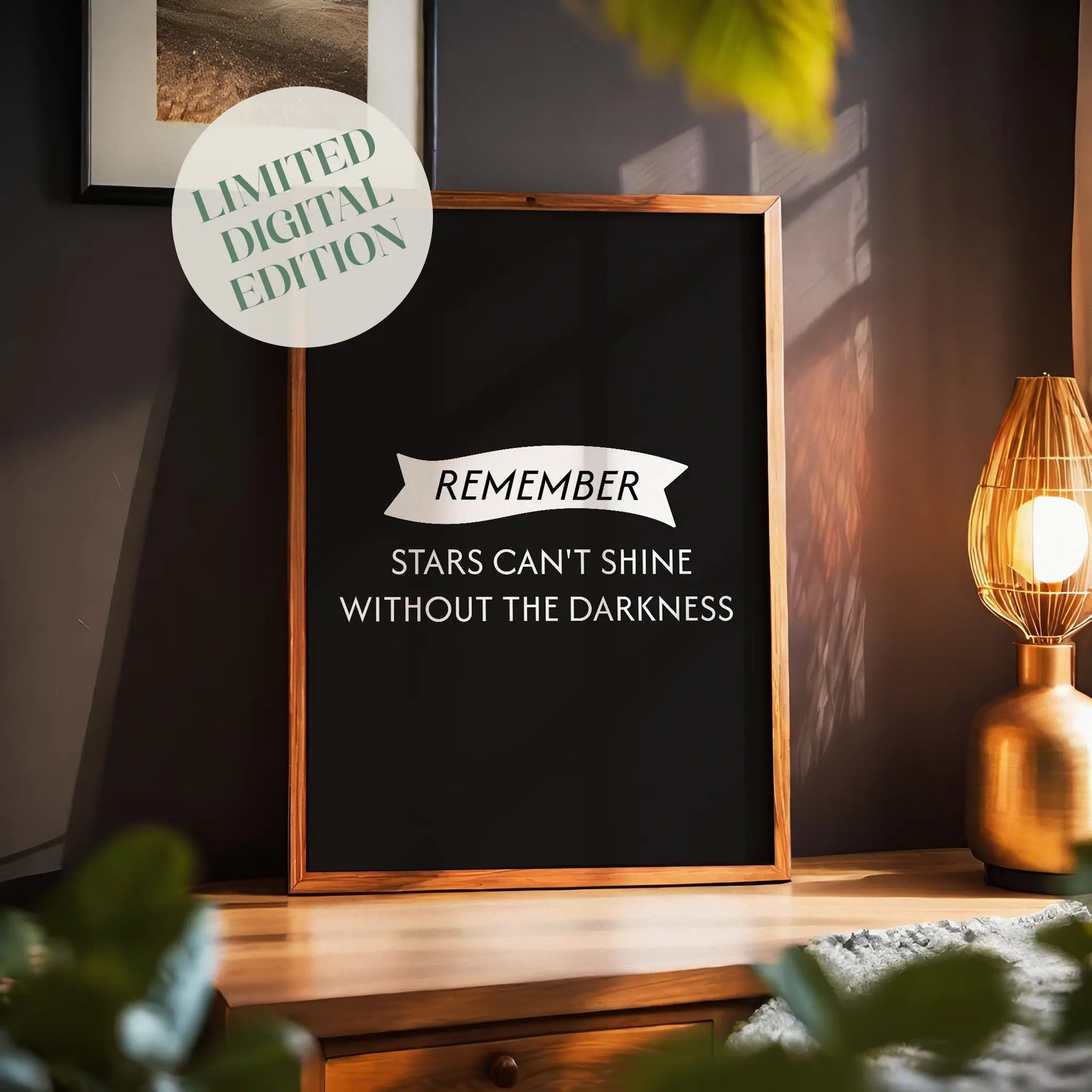 Inspirational printable wall art with the quote 'Remember, stars can't shine without the darkness' in elegant white typography on a black background, featuring a ribbon banner design, perfect for home, office, or bedroom decor with a motivational touch