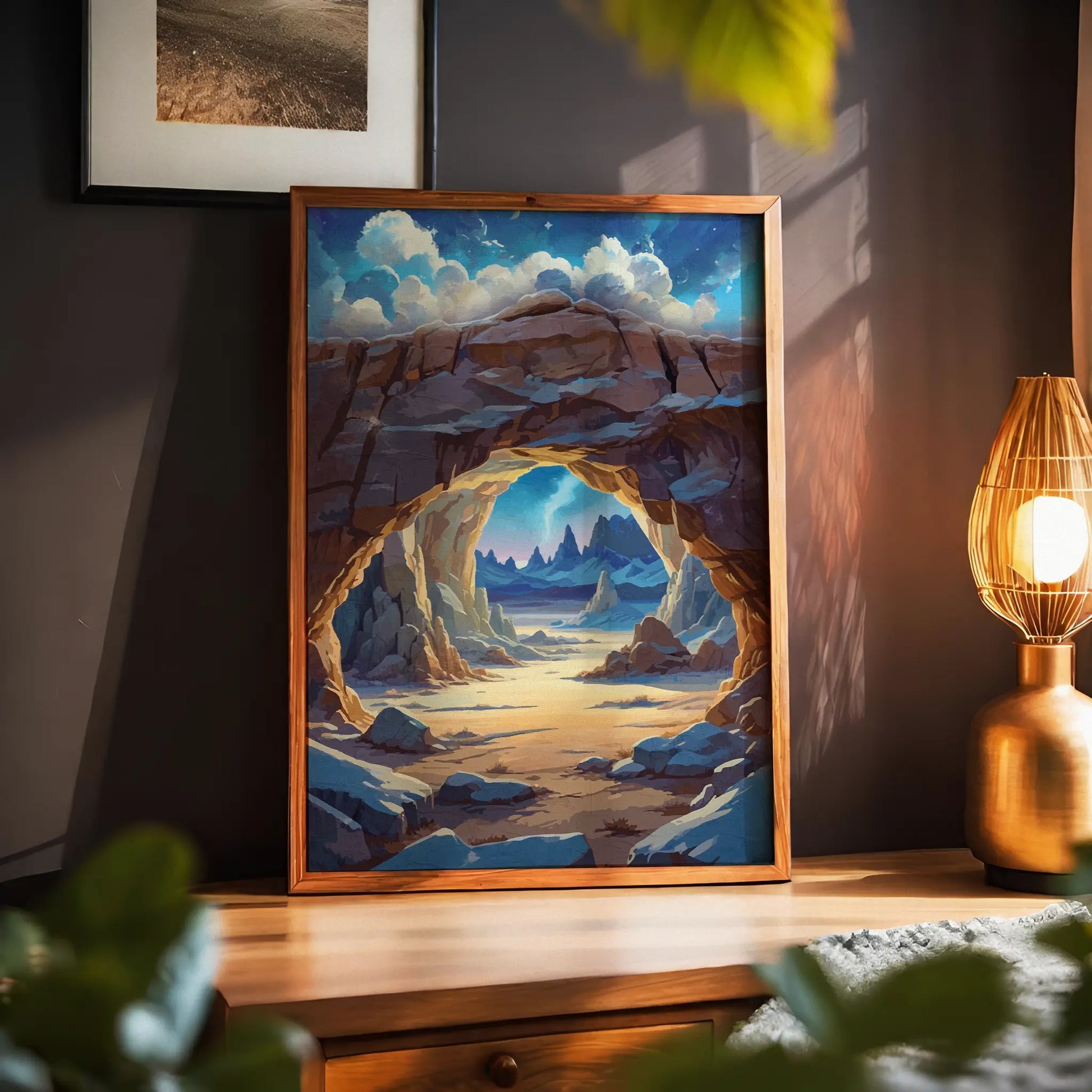 Digital painting of a scenic desert canyon with a natural rock arch framing distant mountains under a dreamy sky, printable wall art perfect for nature and landscape lovers