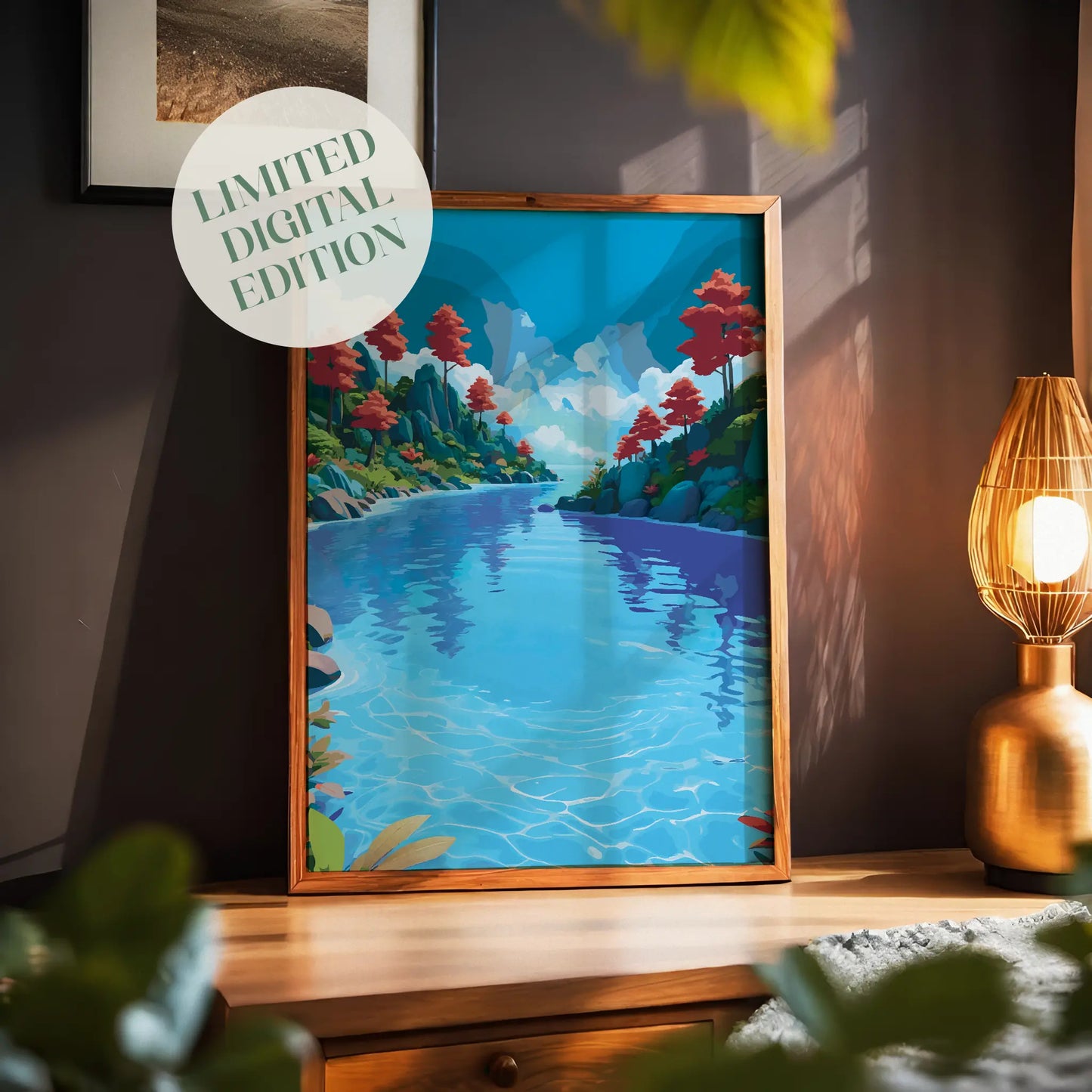 Vibrant landscape wall art of a clear blue river flowing between green hills with red trees and a bright sky filled with fluffy clouds