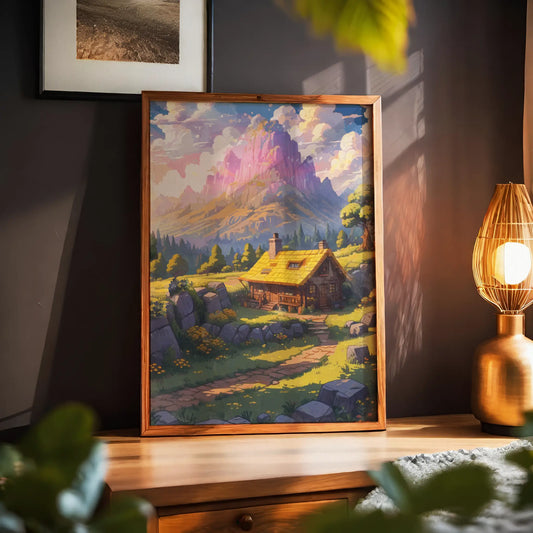 Printable wall art of a cozy wooden cabin with a yellow roof nestled in a sunlit meadow, surrounded by wildflowers, trees, and rocky hills, with majestic pink and purple mountains in the background, perfect for rustic and fantasy-inspired home decor