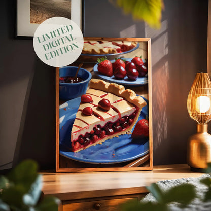 Printable wall art of a vibrant cherry and strawberry pie slice on a blue plate, styled with whole cherries and strawberries, perfect for kitchen or dining room decor